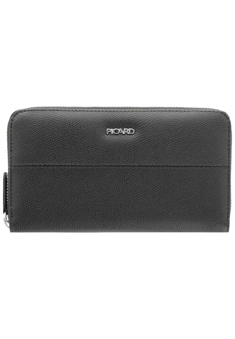 Black leather wallet with a textured finish, rectangular shape, and silver logo. Features a zipper closure and a seam across the middle.