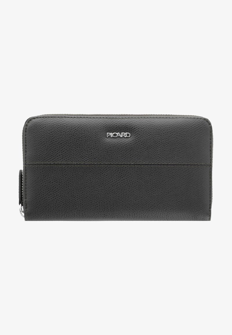 Black leather wallet with a textured finish, rectangular shape, and silver logo. Features a zipper closure and a seam across the middle.