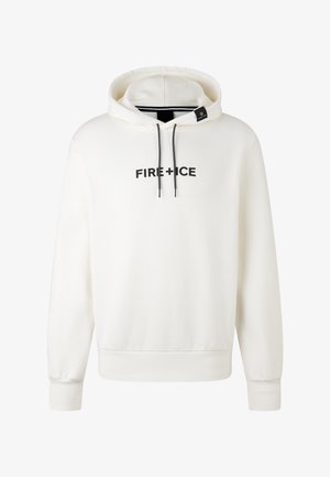 Haut à capuche blanc avec des cordons noirs et le texte "FIRE + ICE" imprimé sur la poitrine en lettres noires en gras.