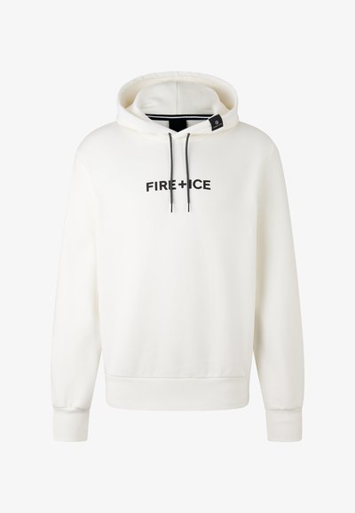 Weißer Kapuzenpullover mit schwarzen Kordeln und dem Aufdruck "FIRE + ICE" in fetten schwarzen Buchstaben auf der Brust.