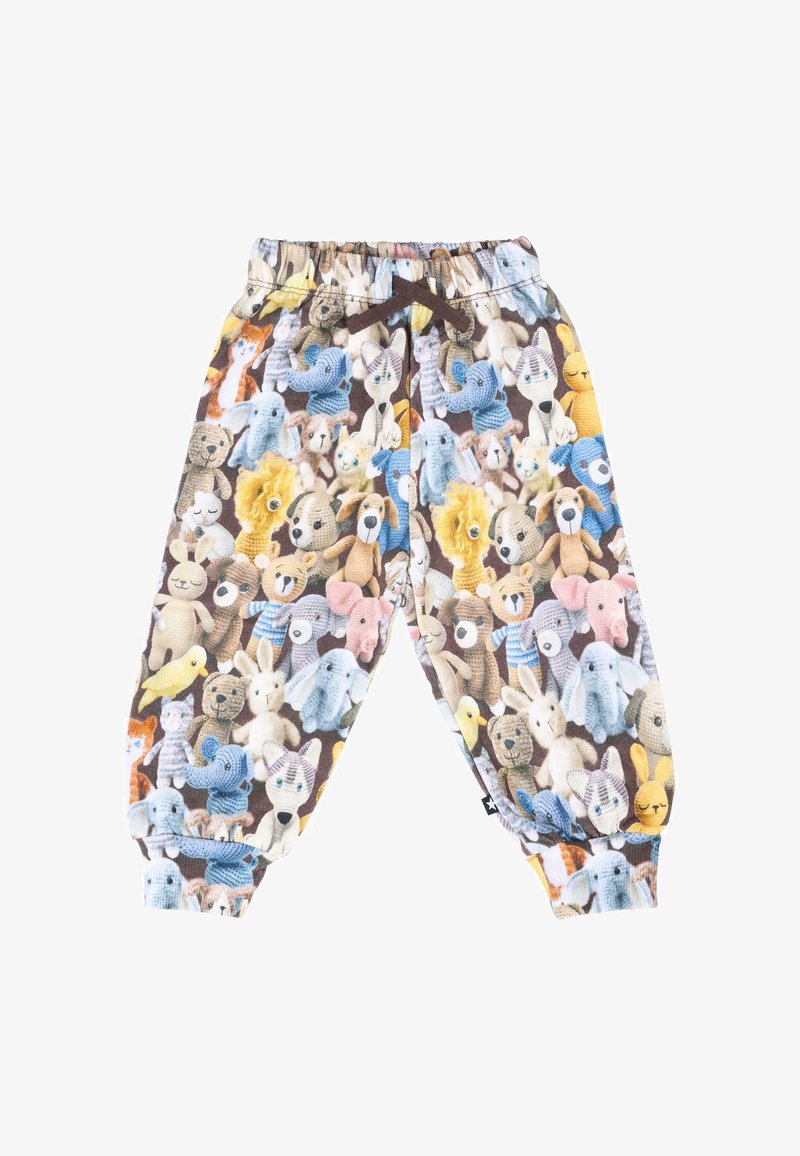Bawełniane spodnie dresowe z powtarzającym się wzorem różnych pluszowych zwierząt w delikatnych kolorach na brązowym tle, z elastycznymi mankietami.