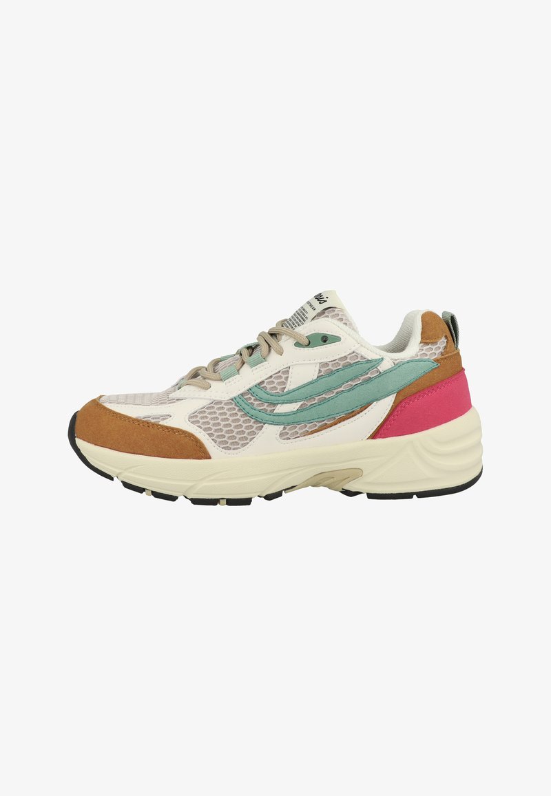 Light beige and brown running shoe with green and pink accents, mesh panels, thick sole, and lace-up closure, side view on white background.