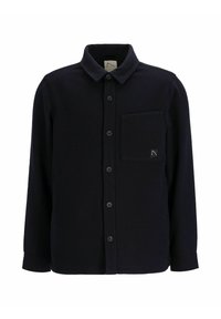 Marine knop-overhemd met een kraag, textuurstof, enkele borstzak en een klein logo-accent op de zak.