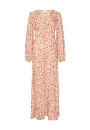 Hosszú virágmintás ruha rózsaszín, bézs és zöld tónusokkal, V-nyakú, hosszú légies ujjakkal és gombos elülső résszel.