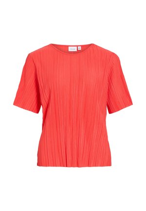 Czerwona bluzka z krótkim rękawem, z drobnymi pionowymi plisami i okrągłym dekoltem, wykonana z lekkiego materiału.