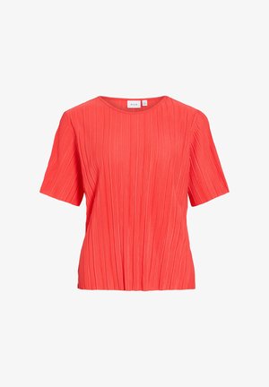 Red short-sleeve blouse with fine vertical pleats and a round neckline, made of lightweight fabric.
