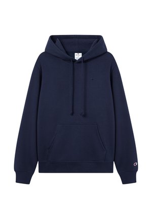 Navy blue hooded sweatshirt made of soft fabric. Features a front pocket and logo on chest, with ribbed cuffs and hem.