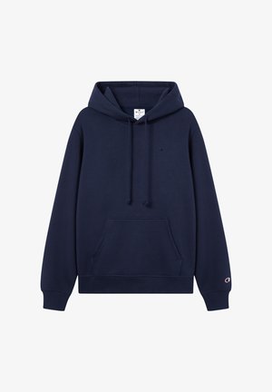 Navy blue hooded sweatshirt made of soft fabric. Features a front pocket and logo on chest, with ribbed cuffs and hem.