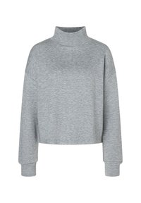 Grijs cropped sweatshirt met een hoge hals, lange mouwen, zachte stof en geribbelde manchetten. Eenvoudig ontwerp zonder patronen of accenten.