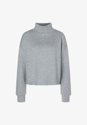 Grijs cropped sweatshirt met een hoge hals, lange mouwen, zachte stof en geribbelde manchetten. Eenvoudig ontwerp zonder patronen of accenten.
