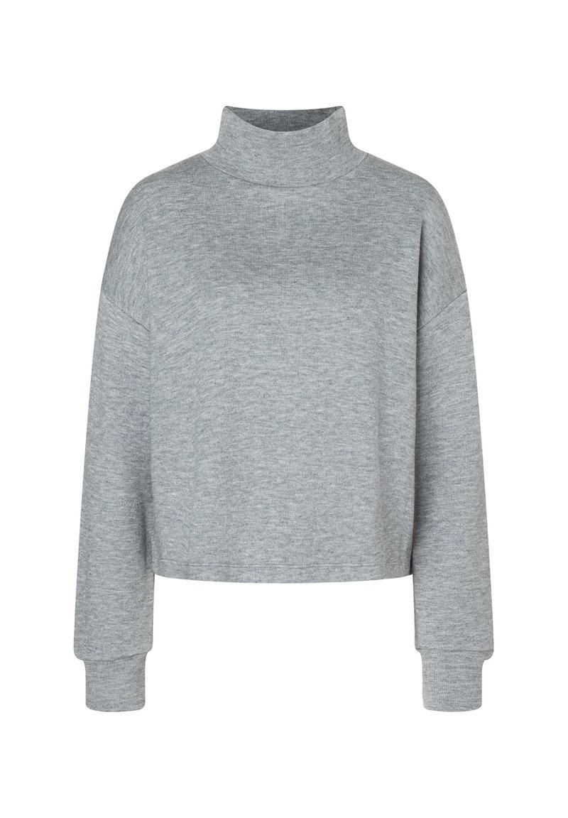 Grijs cropped sweatshirt met een hoge hals, lange mouwen, zachte stof en geribbelde manchetten. Eenvoudig ontwerp zonder patronen of accenten.