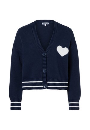 Navy blue knit cardigan with three buttons, white heart on chest, and white striped ribbed cuffs and hem.