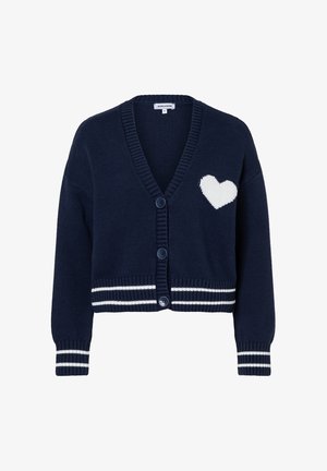 Navy blue knit cardigan with three buttons, white heart on chest, and white striped ribbed cuffs and hem.