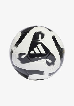 Zwart-witte soccerbal met een hexagonaal paneelontwerp, voorzien van het Adidas-logo en de tekst "TIRO CLUB" in een gladde, glanzende afwerking.