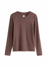 Maglietta a maniche lunghe con scollo rotondo in un colore terracotta testurizzato, caratterizzata da un sottile motivo a coste e un design dal taglio rilassato.