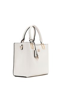 Borsa a mano in pelle bianca con dettagli neri, hardware dorato e doppi manici superiori. Presenta una forma strutturata e un piccolo dettaglio in pelle.