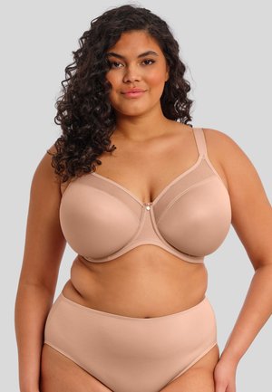 Beige onderwire bh met gladde cups, verstelbare bandjes en gaasdetails. Gecombineerd met bijpassende hoge slip in een zachte textuur.