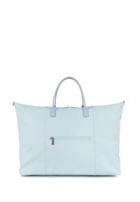 Borsa tote azzurra chiara realizzata in tessuto morbido, con due manici superiori, una tasca frontale con zip e una forma rettangolare piatta con superficie liscia.