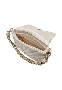 Borsa a tracolla bianca trapuntata con catena dorata, chiusura a scatto e tasche interne. Texture in pelle morbida con fodera liscia.