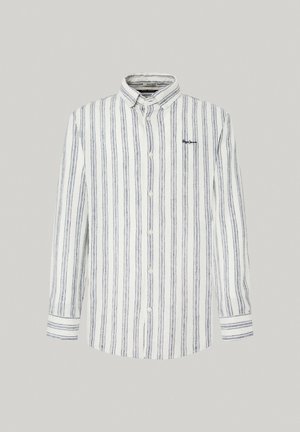 Biała koszula z długim rękawem w niebieskie pionowe paski, z guzikami z przodu i kołnierzykiem. Posiada małe haftowane logo na lewej piersi.