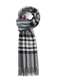 Szary szalik w kratę z czarno-białymi wzorami i czerwonymi akcentami. Wykończone krawędzie z frędzlami, wykonane z miękkiego materiału.