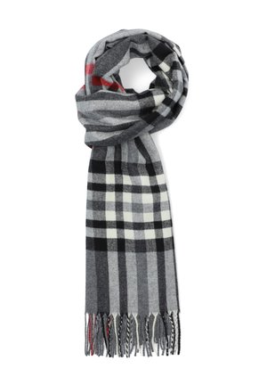 Szary szalik w kratę z czarno-białymi wzorami i czerwonymi akcentami. Wykończone krawędzie z frędzlami, wykonane z miękkiego materiału.