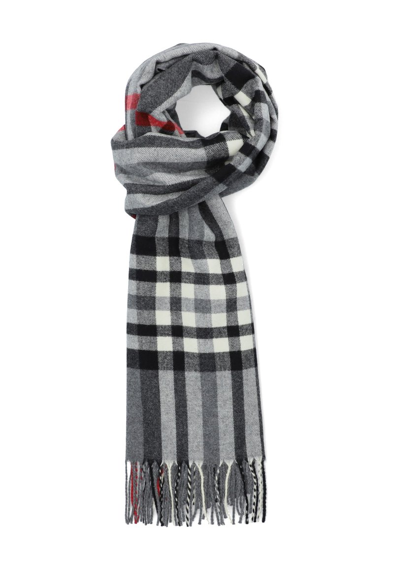 Szary szalik w kratę z czarno-białymi wzorami i czerwonymi akcentami. Wykończone krawędzie z frędzlami, wykonane z miękkiego materiału.