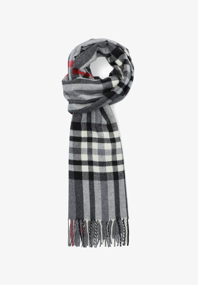 Szary szalik w kratę z czarno-białymi wzorami i czerwonymi akcentami. Wykończone krawędzie z frędzlami, wykonane z miękkiego materiału.