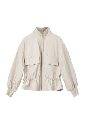 Hellbeige Reißverschlussjacke mit hohem Kragen, zwei großen Brusttaschen, geraffter Taille und elastischen Bündchen, aus glattem, strukturiertem Stoff.