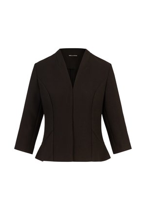 Schwarzer, taillierter Blazer mit V-Ausschnitt, Dreiviertelärmeln und strukturierten Nähten. Glatter Stoff mit einer taillebetonenden Silhouette und ohne Verschlüsse.