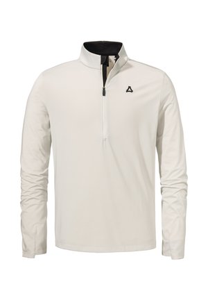 Weißer Langarm-Half-Zip-Pullover aus weichem Stoff. Merkmale einen schwarzen Kragen und ein schwarzes Logo auf der Brust. Glatte Textur.