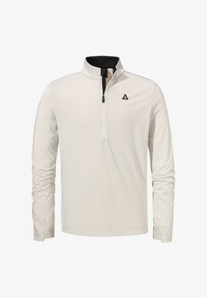 White long-sleeve half-zip pullover made from soft fabric. Features a black collar and a black logo on the chest. Smooth texture.