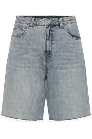 Světle modré džínové šortky s vysokým pasem, předním knoflíkem, kapsami a třepivými lemy.