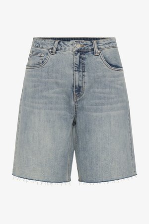 Svetlo modré rifľové krátke nohavice s vysokým pásom, predným gombíkom, vreckami a ošúchanými lemami.