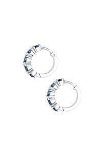 Orecchini a cerchio in argento con pietre blu lungo il bordo esterno. Texture liscia, forma circolare e design con chiusura sicura.