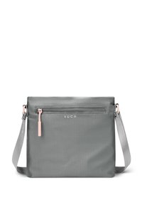 Graue, strukturierte Umhängetasche mit einem pinkfarbenen Reißverschluss, verstellbarem Tragegurt und geprägtem Logo. Verfügt über eine vordere Reißverschlusstasche für zusätzlichen Stauraum.