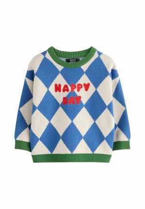 Pull bleu et blanc à motif losanges avec col, poignets et bas côte verts, avec inscription rouge "HAPPY DAY" sur le devant.