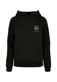 Felpa nera con tasca frontale, cappuccio con cordino e logo ricamato verde che recita "Matcha Iced Latte" sul lato sinistro del petto. Tessuto morbido.