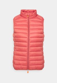 Pink puffer vest with a high collar, vertical quilted design, front zip closure, and orange hardware accents. Lightweight, casual style.