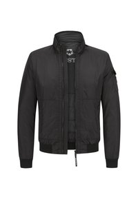 Schwarze Bomberjacke mit Reißverschluss vorne, gerippten Bündchen und Säume. Leichtes Material mit glatter Textur und seitlichen Taschen. Akzentuiert mit einem Logo.