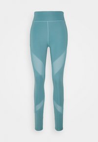Leggings deportivos en color azul verdoso con cintura alta, paneles de malla laterales y una textura suave, diseñados para la flexibilidad y la comodidad durante los entrenamientos.