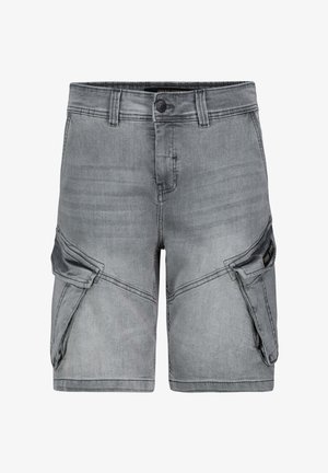 Gray denim cargo shorts with multiple side pockets, belt loops, and a button closure. Smooth texture with a slightly faded finish.