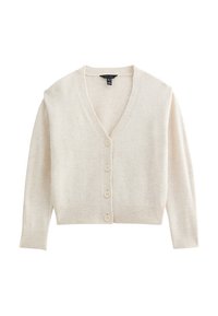Cardigan color crema realizzato in morbido tessuto lavorato a maglia. Presenta un colletto a V, maniche lunghe e bottoni frontali. Polsini e orlo a coste.