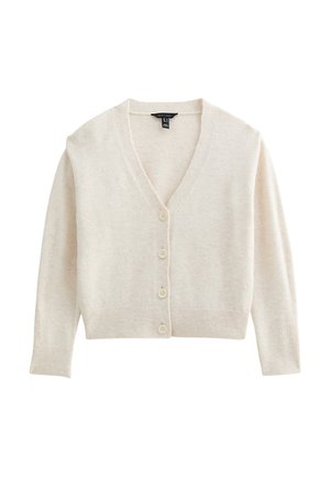 Crème-kleurige cardigan van zachte brei. Beschikt over een V-hals, lange mouwen en knopen aan de voorkant. Geribbelde manchetten en zoom.