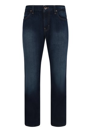 Dunkelblaue Jeans aus Denim mit geradem Schnitt. Mit Fronttaschen, Knopfverschluss und subtilen Auswaschungen an den Beinen. Solide Textur.