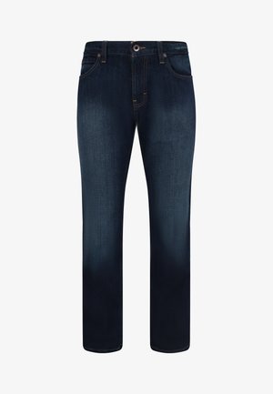 Dark blue denim jeans with a straight cut. Features front pockets, a button closure, and subtle fading on legs. Solid texture.