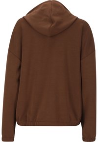 Hoodie marron avec une texture douce, une capuche à cordon de serrage et des poignets et un ourlet élastiqués, conçu pour un ajustement décontracté et un confort optimal.