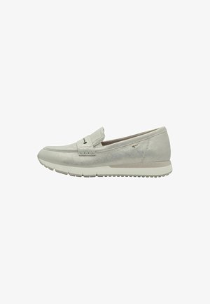 Gray metallic slip-on loafers with a textured surface, a stitched accent on the front, and a flexible rubber sole for comfort.