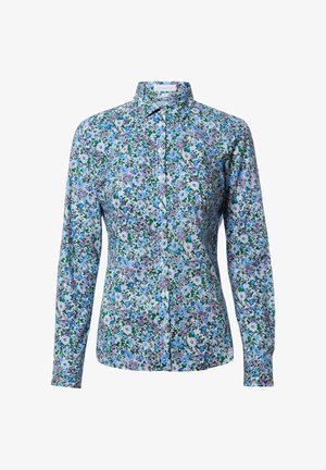 Women’s long-sleeve button-up shirt with a multicolored floral pattern in blue, pink, green, and white.