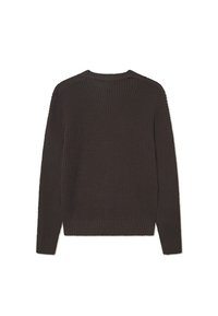 Brown knitted sweater with a textured pattern, round neck, and ribbed cuffs and hem. Back view highlights a solid color without detailing.